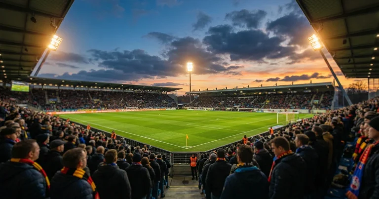 Bundesliga Stadion mit Flutlicht und Rasen vor einem Abendspiel