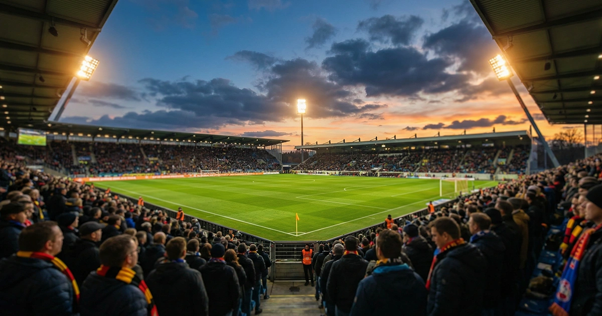 Bundesliga Stadion mit Flutlicht und Rasen vor einem Abendspiel