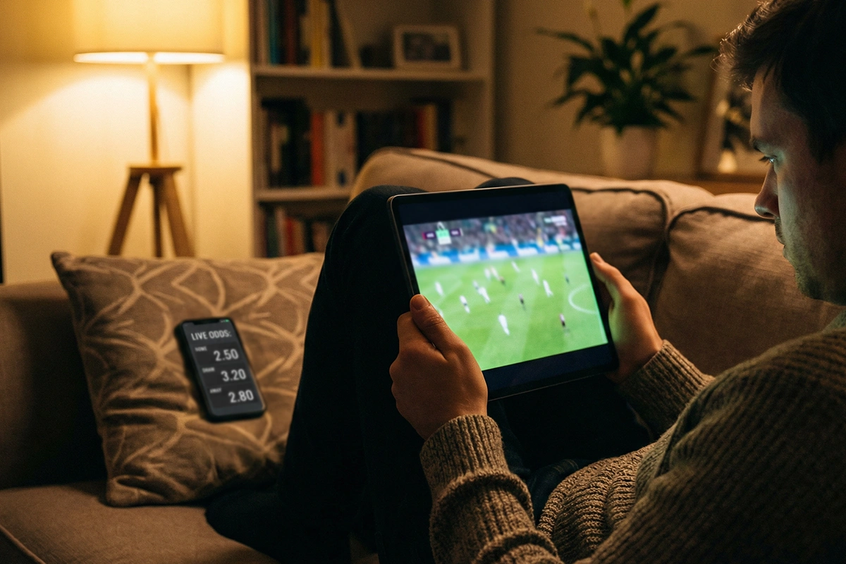 Fußballfan verfolgt Bundesliga-Livespiel auf Tablet mit Wettquoten
