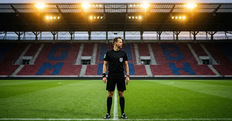 Bundesliga Schiedsrichter Analyse – Schiedsrichter mit Pfeife auf dem Mittelkreis