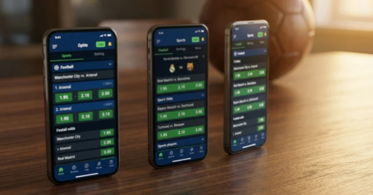 Bundesliga Wettanbieter Vergleich – Mehrere Smartphones mit Wett-Apps nebeneinander