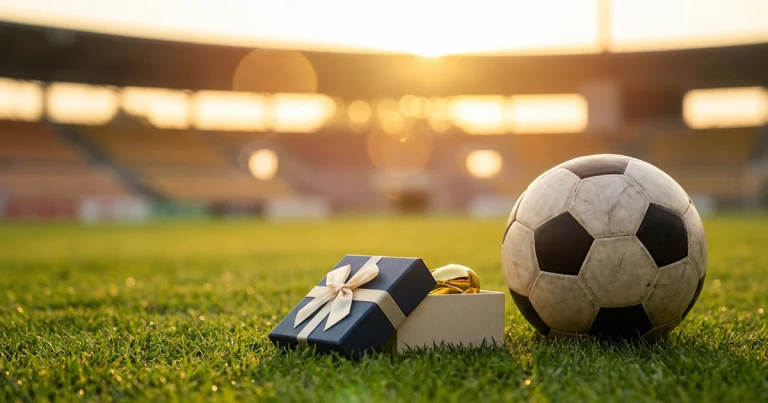 Sportwetten Bonus Bundesliga – Geschenkbox mit Fußball auf grünem Rasen