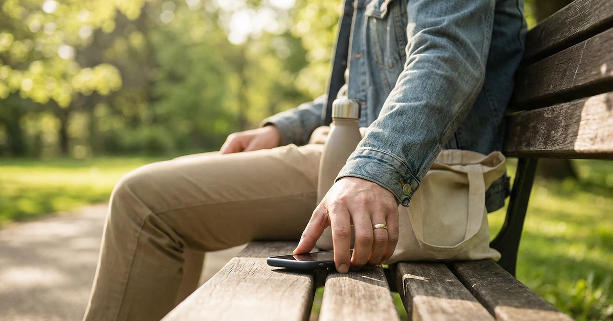 Verantwortungsvolles Wetten – Person legt Smartphone bewusst beiseite im Park